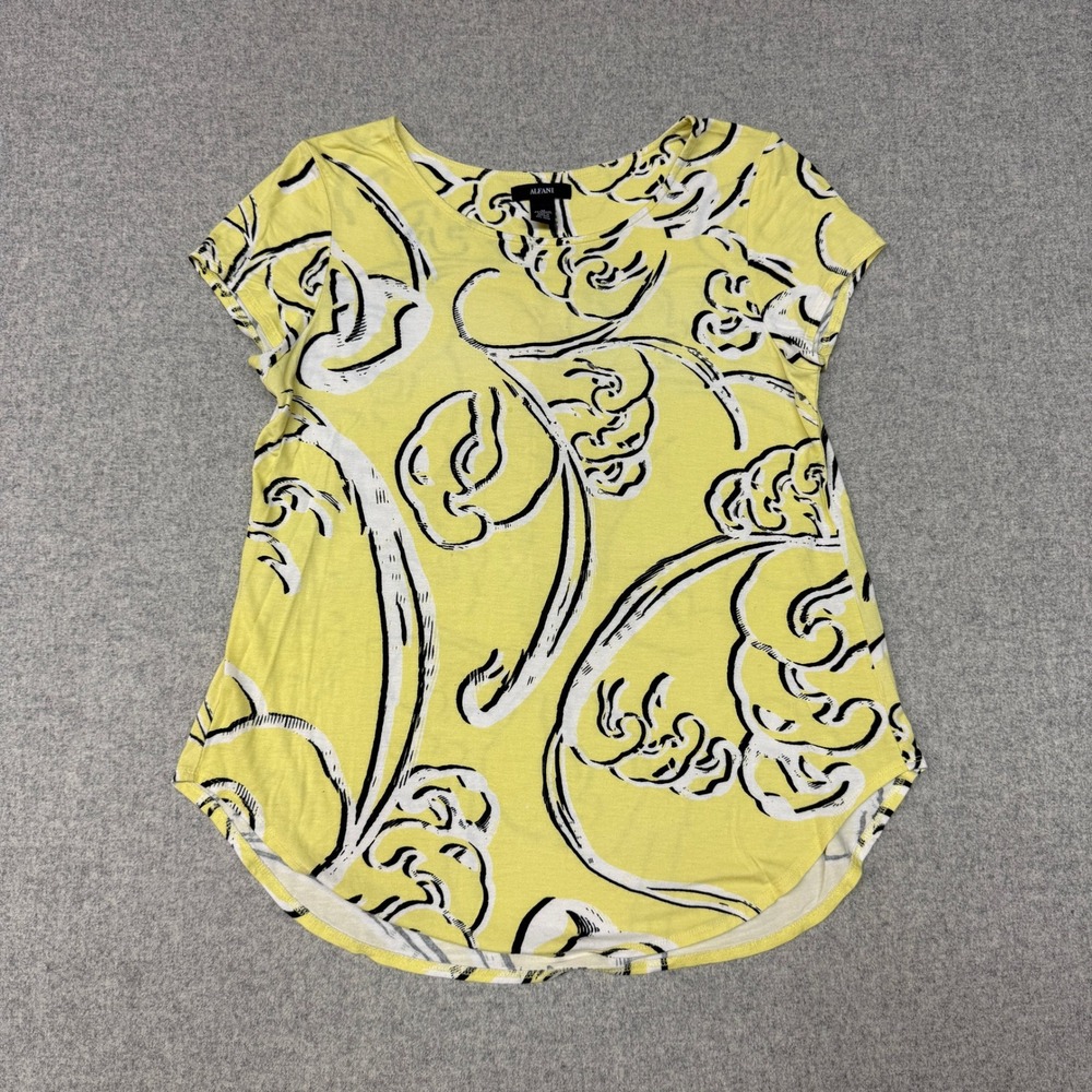 Alfani Blouse Size M Yellow Black White Abstract Swirl Short Sleeve Scoop Top